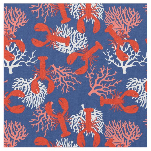 メイン沿岸ロブスター赤白青 パターン（の模様が）ある ファブリック (クローズアップ)