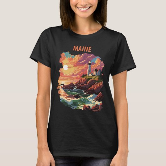 メイン灯台沿岸レトロ旅行 Tシャツ (正面)