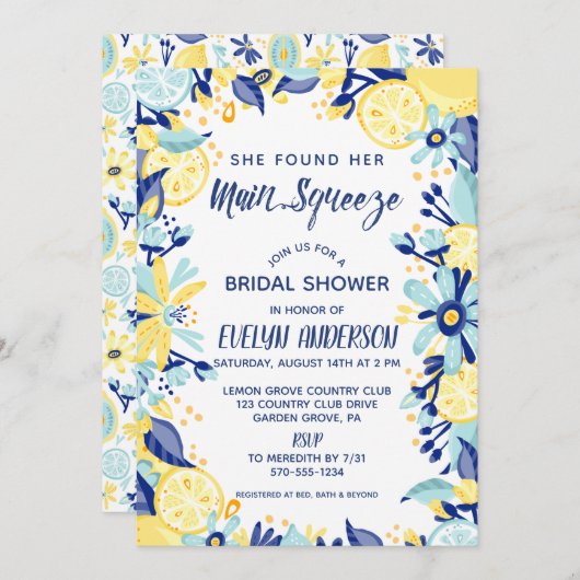 メイン絞りイエローレモンのミントブリデーシャワー 招待状 (正面/裏面)