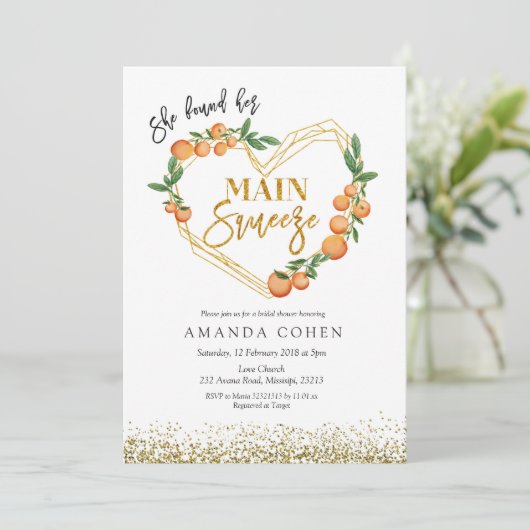 メイン絞りオレンジ色のブライダルシャワー招待 招待状 (スタンド正面)