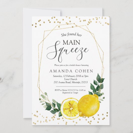 メイン絞りレモンブライダルシャワー招待 招待状 (正面)