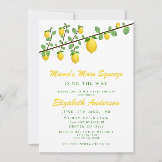 メイン絞りレモンベビー男女兼用シャワー 招待状 (正面)