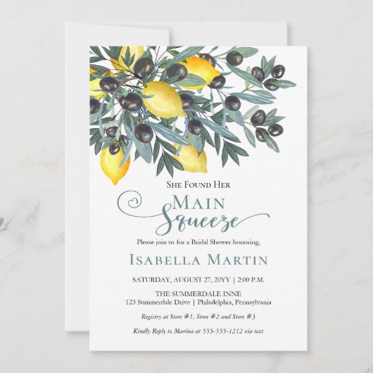 メイン絞りレモン |ブラックオリーブブライダルシャワー 招待状 (正面)