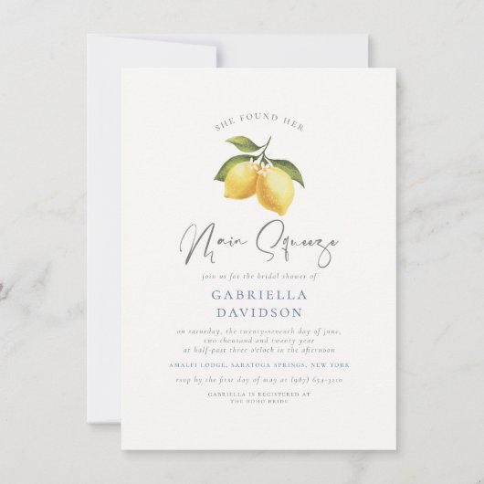 メイン絞り水モダン色レモンブライダルシャワー 招待状 (正面)