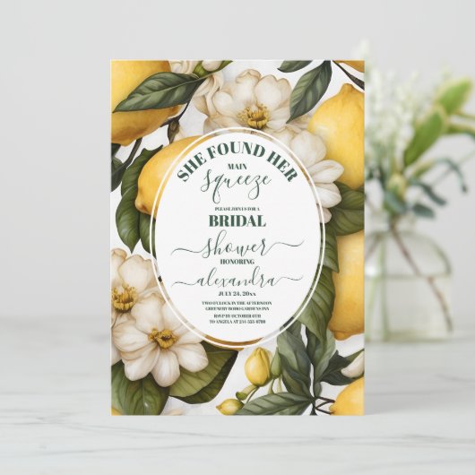 メイン絞り水モダン色レモンブライダルシャワー 招待状 (スタンド正面)