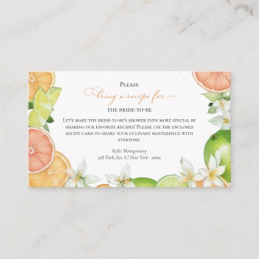 メイン絞り | ブライダルシャワーレシピ要求カード エンクロージャーカード (正面)