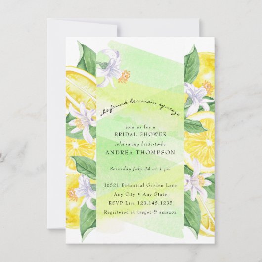 メイン絞り |柑橘類 |レモンイエローブライダルシャワー 招待状 (正面)