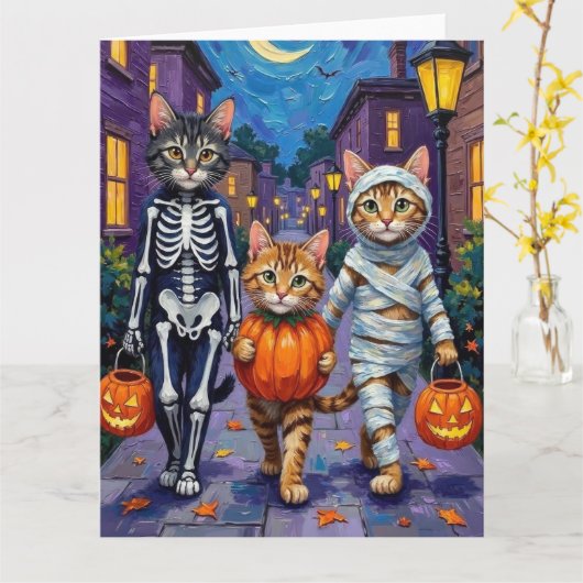 メイン・クーンキャッツのハロウィーンでのトリックまたはトリートメント カード (黄色い花)