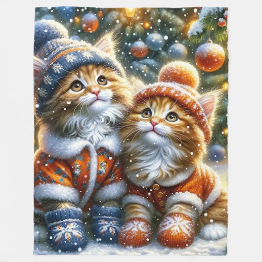 「メイン・クーン子ネコの初めてのクリスマスの雪の降り» フリースブランケット (正面)