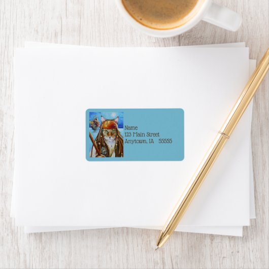 メインCOON海賊キャットジャックと船の水のカラーアート ラベル (インサイチュ)