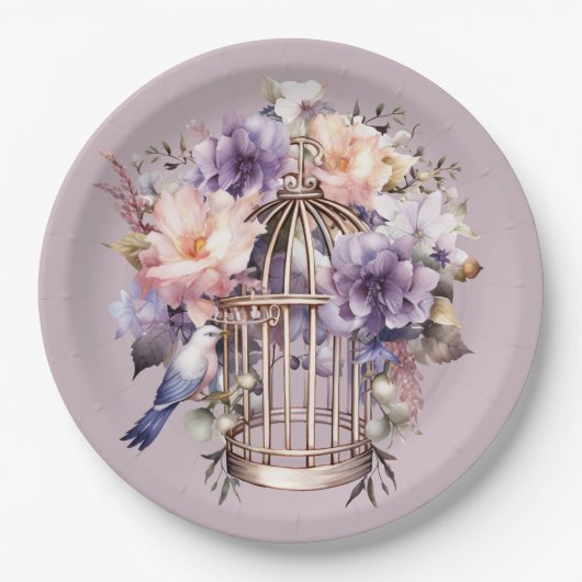 メイヴファイナリーパープルピンクバードシャワー ペーパープレート (正面)