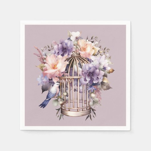 メイヴファイナリーパープルピンクブルーバードケージシャワー スタンダードカクテルナプキン (正面)