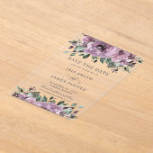 メイヴプラムパープルフローラ結婚式の日付を保存 アクリル招待状 (レイダウン)