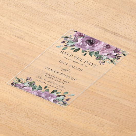 メイヴプラムパープルフローラ結婚式の日付を保存 アクリル招待状 (レイダウン)