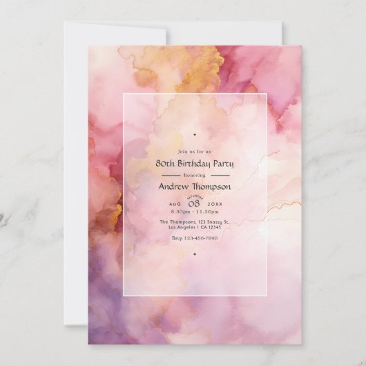 メイヴ&金ゴールド水彩洗い大人の誕生日パーティー 招待状 (正面)
