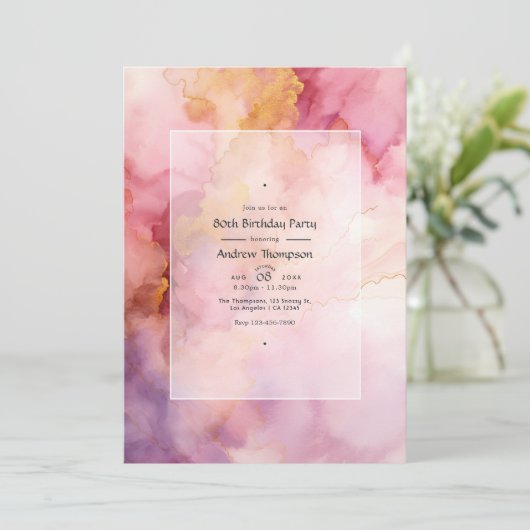 メイヴ&金ゴールド水彩洗い大人の誕生日パーティー 招待状 (スタンド正面)