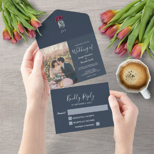 メイ素朴ンのjarモノグラム写真結婚青 オールインワン招待状