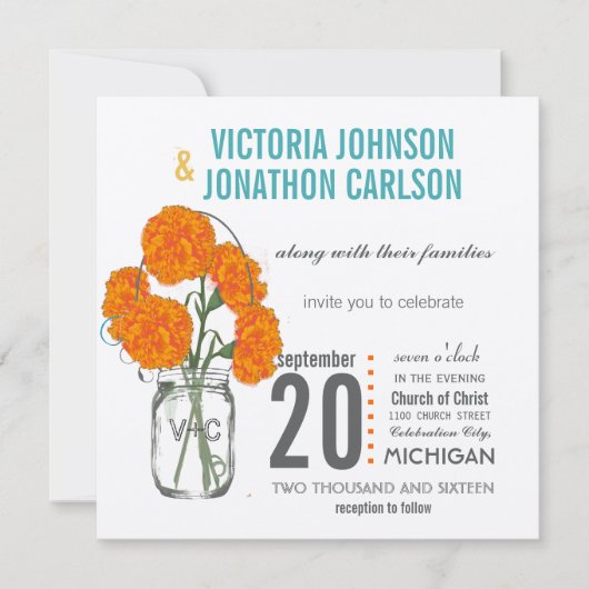 メイ素朴ン・ジャー・ミント、イエローとサンゴのカーネーション 招待状 (正面)