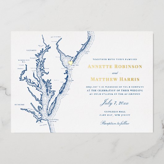 メイ結婚ン・ニュージャージーの海軍と金ゴールド 箔招待状