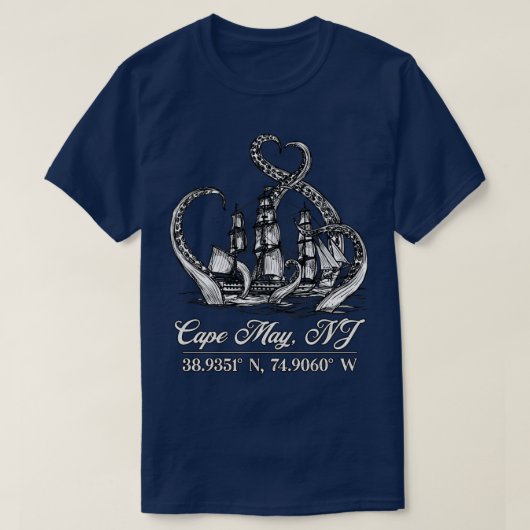 メイNJケープ航海のはタコとボートをコーディネート Tシャツ (デザイン正面)