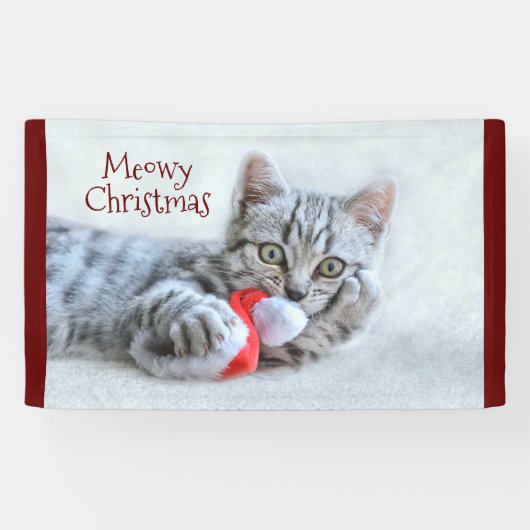 メウィー・クリスマス かわいいグレーのタビー猫 横断幕 (横)