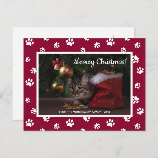 メウイクリスマス！かわいい白い足の跡が猫の写真に シーズンポストカード (正面/裏面)