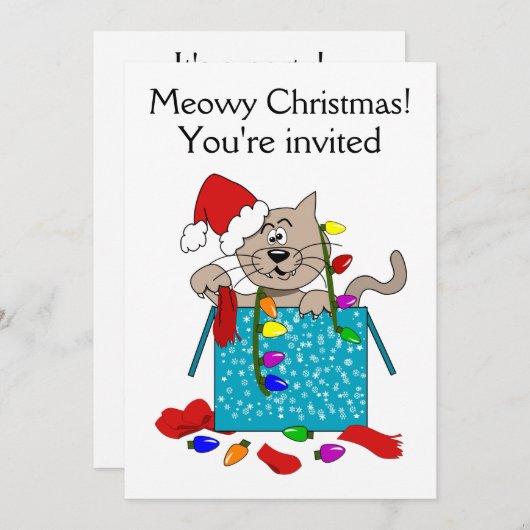 メウイ·クリスマス·おもしろい漫画の猫パーティー招待状 招待状 (正面/裏面)