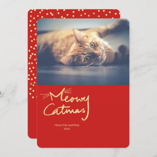 メオイカトマス金ゴールドおもしろいキャットクリスマスフォトカード シーズンカード (正面/裏面)