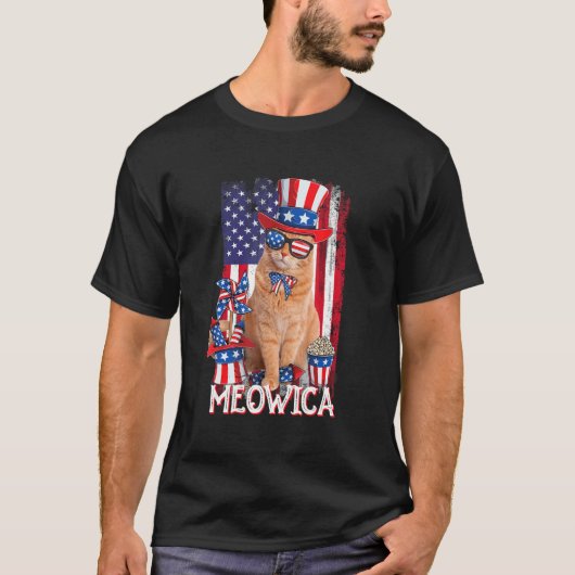 メオウィカ 猫 サングラス アメリカ国旗 ネコ 7月4日 Tシャツ (正面)