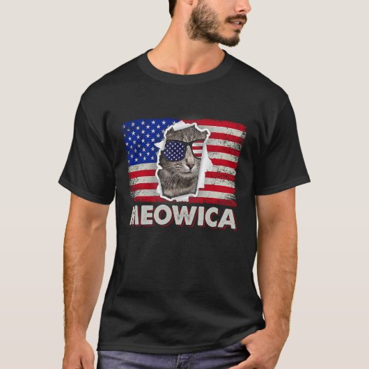 メオウィカ 猫 七月四日 独立記念日 アメリカ アメリカ国旗 Tシャツ (正面)