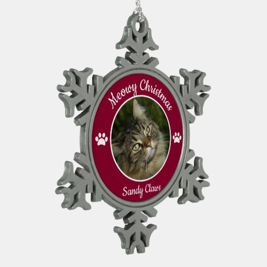 メオウィクリスマスかわいい猫の写真（赤） スノーフレークピューターオーナメント (左)