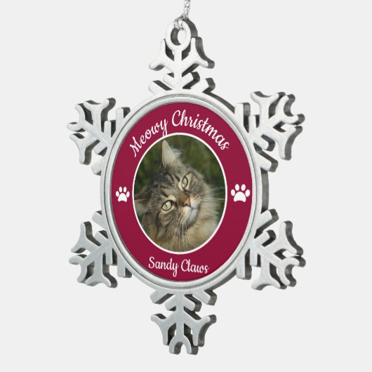 メオウィクリスマスかわいい猫の写真（赤） スノーフレークピューターオーナメント (右)
