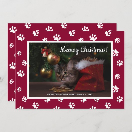 メオウィクリスマス!かわいい白い前足で猫の写真をプリント シーズンカード (正面/裏面)