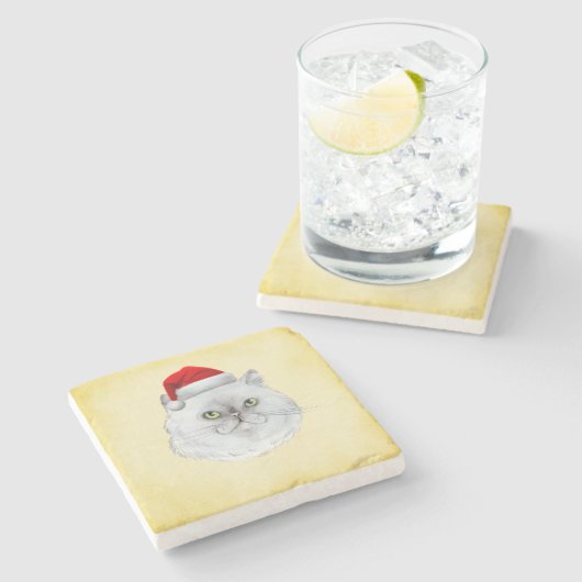 メオウィクリスマス！サンタ帽子をかぶったかわいい猫 ストーンコースター (横)