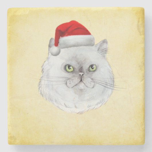 メオウィクリスマス！サンタ帽子をかぶったかわいい猫 ストーンコースター (正面)