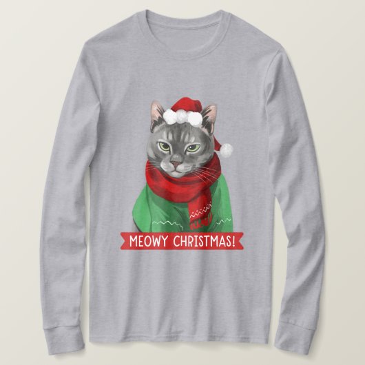 メオウィクリスマスTシャツ、メイベル・ザ・グレー虎猫 Tシャツ (デザイン正面)