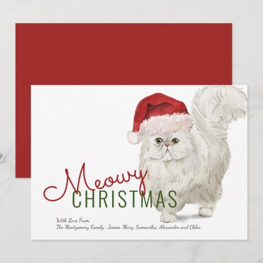 メオウィークリスマス かわいい 白いペルシャ猫 水彩画 シーズンカード (正面/裏面)