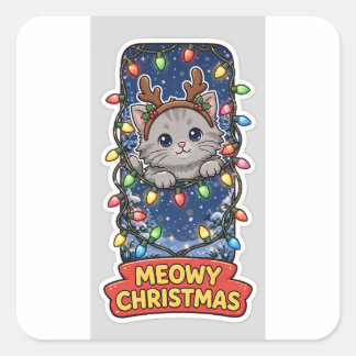 メオリークリスマスステッカー — 灰色の子猫トナカイの角 スクエアシール