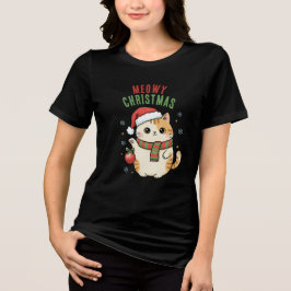 メオリークリスマス猫 - 祝祭のホリデーデザイン トライブレンドTシャツ