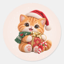 メオリークリスマス かわいい子猫 ラウンドステッカー