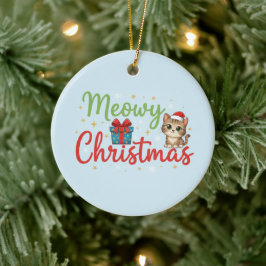 メオリークリスマス - かわいい猫とギフトボックスのホリデー セラミックオーナメント
