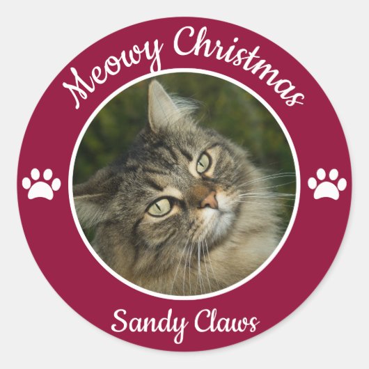 メオリークリスマス かわいい猫の写真 名前入りパウス ラウンドシール (正面)
