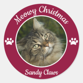メオリークリスマス かわいい猫の写真 名前入りパウス ラウンドシール