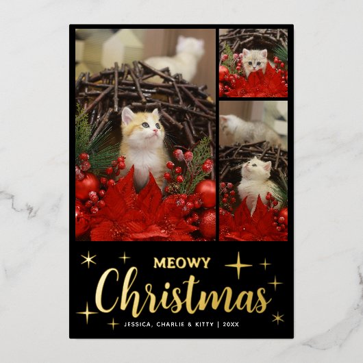 メオリークリスマス かわいい猫 フォトコラージュ ペット 子猫 箔シーズンカード (正面)