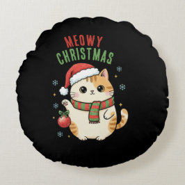 メオリー・クリスマス・キャット - フェスティブなホリデー デザイン ラウンドクッション