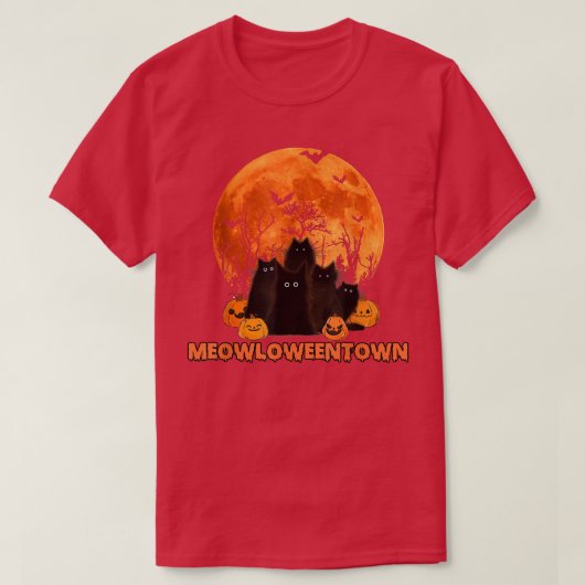 メオロウェンタウンおもしろいブラック猫好きハロウィーンコス Tシャツ (デザイン正面)
