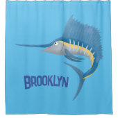 メカジキおもしろい漫画イラストレーション シャワーカーテン (正面)