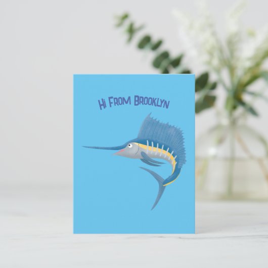 メカジキおもしろい漫画イラストレーション ポストカード (スタンド正面)