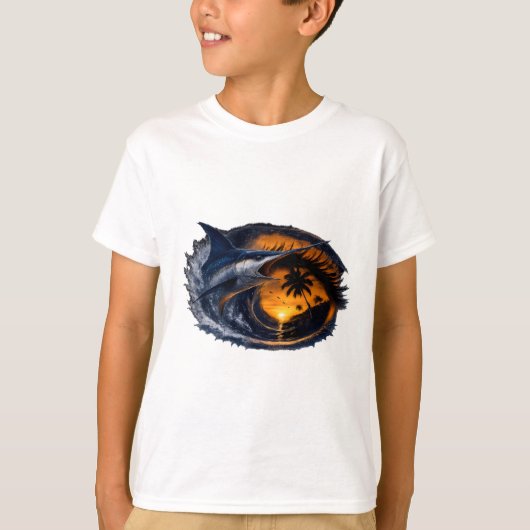 メカジキの夕焼け波 - 超現実的なトロピカルオセアンアート Tシャツ (正面)