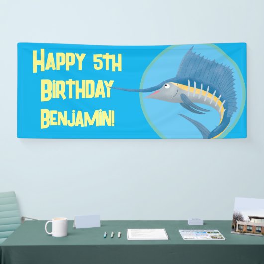 メカジキの漫画のパーソナライズされた誕生日 横断幕 (トレードショー)